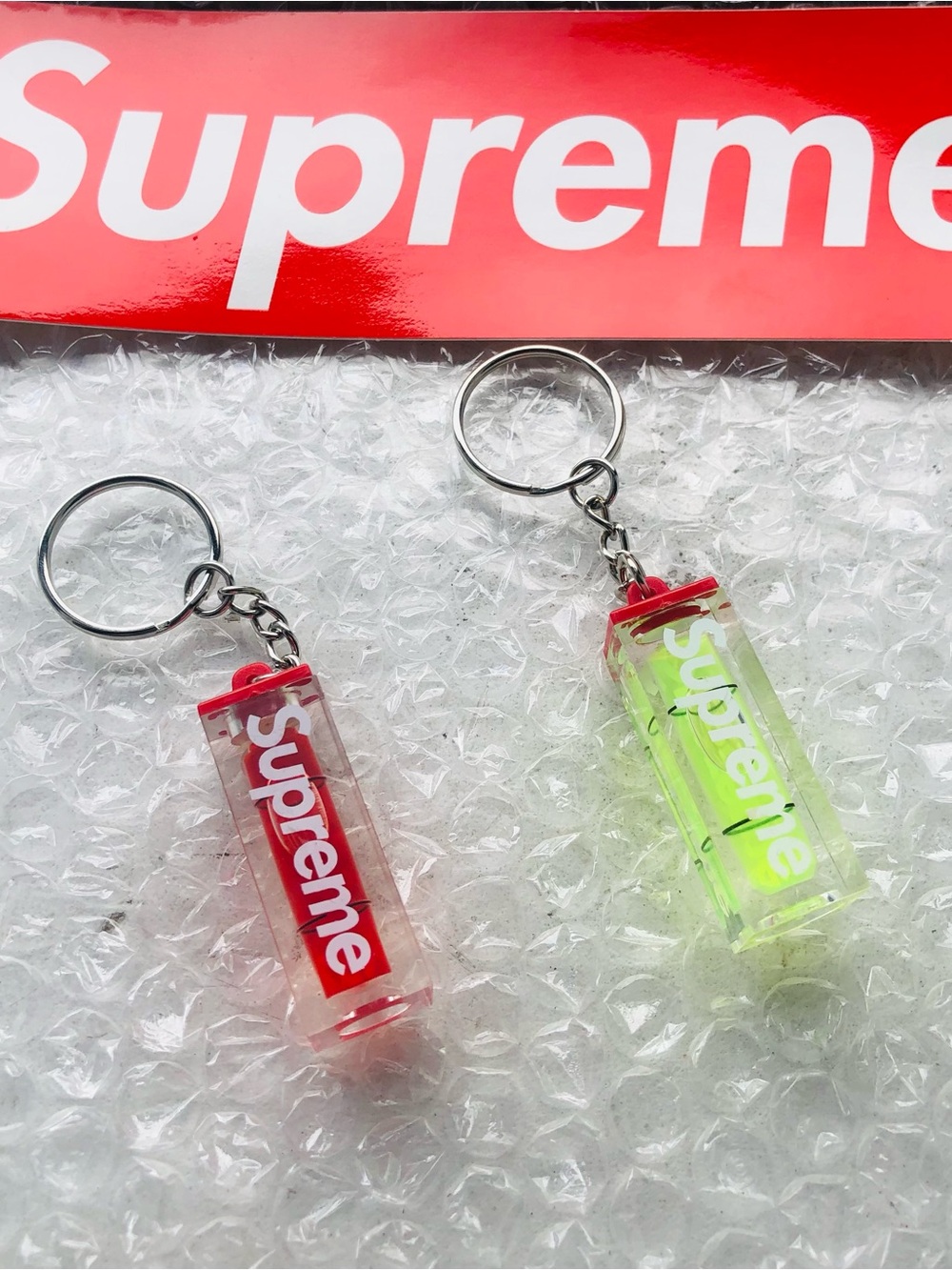 Supreme Red & Neon Green Acrylic Logo Keychain Pair